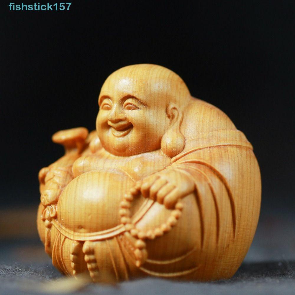 157FISHSTICK佛像工藝,木製的木雕笑佛彌勒佛雕塑,迷你微型手工雕像家庭辦公桌面