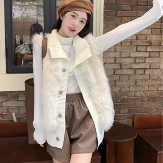 韓版立領針織衫拼接馬甲女 秋冬新款 寬松外穿馬夾無袖水貂絨衫 毛毛無袖背心外套 針織背心 百搭背心外套
