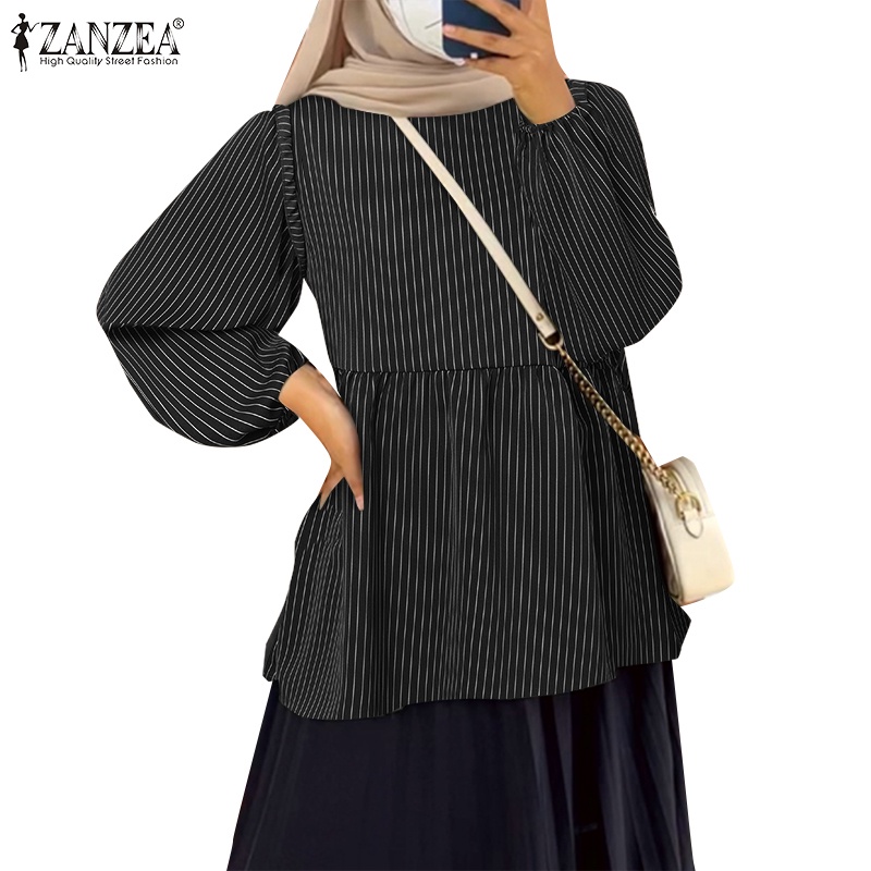 Zanzea 女士穆斯林日常休閒條紋燈籠袖 O 領襯衫