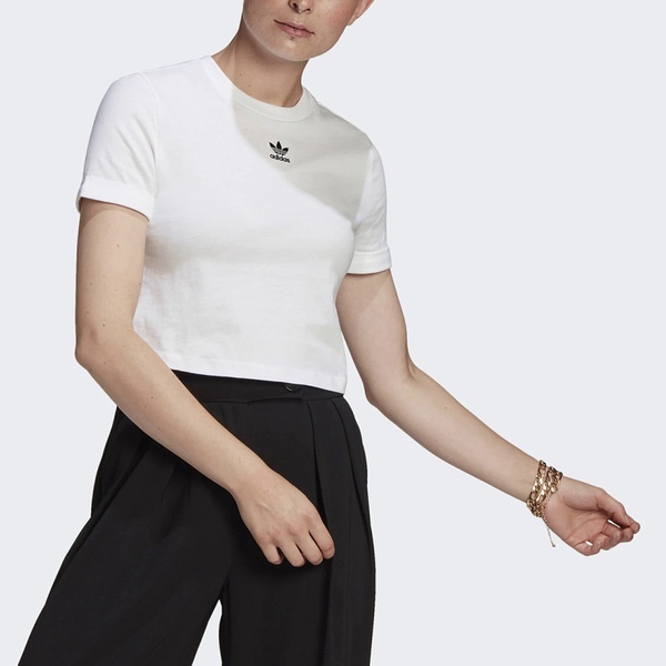 Adidas Crop Top GN2803 女 短袖 上衣 短版 T恤 經典 休閒 國際版 反折袖口 棉質 白