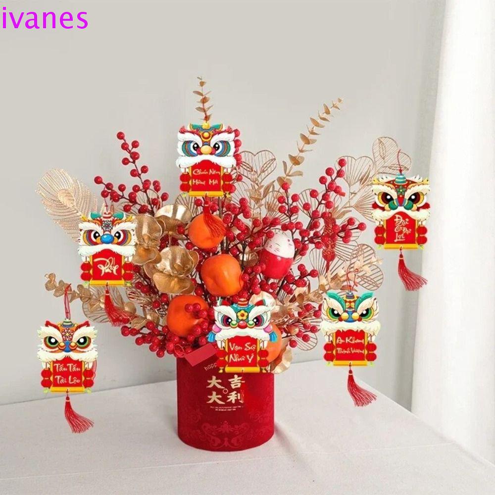 IVANES016件/套盆栽植物掛件,紙張紅色中國新年吊墜,新年飾品流蘇中國風農曆年樹掛件禮品