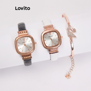Lovito 休閒純水鑽套裝女款石英手錶 L66AD062 (白色/黑色)
