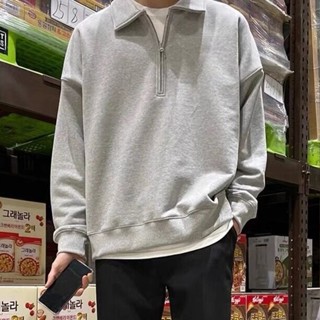 美式高階感半拉鍊翻領素色大學T男 秋冬季黑色簡約寬鬆長袖上衣潮 M-3X