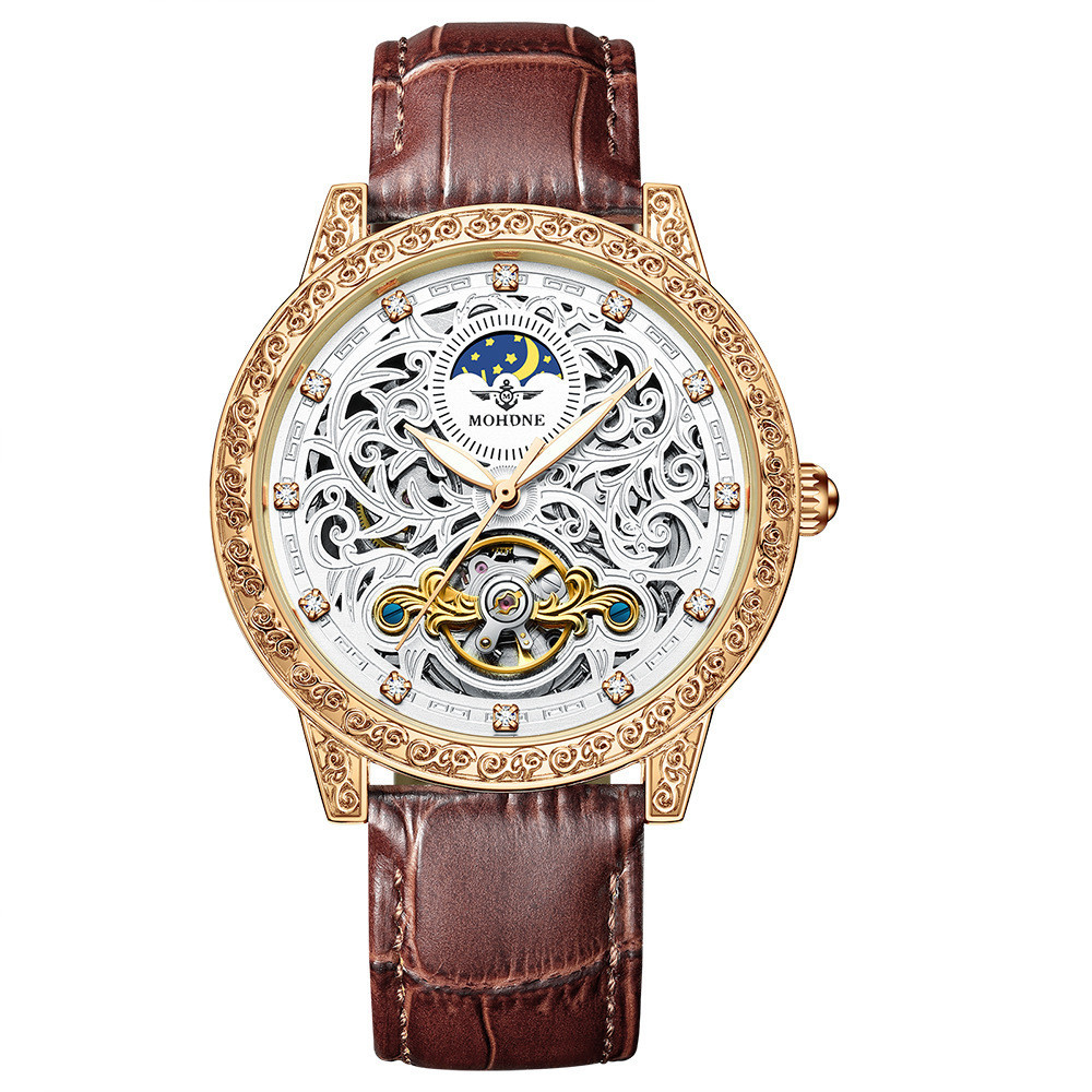 新款日月星辰鑲鑽帶防水手錶男士潮流大表盤陀飛輪鏤空機械錶