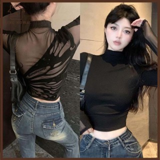 YELGIRL 拼布短款長袖上衣,露背修身半高領打底衫,蝴蝶印花設計透氣網眼鏤空吊帶背心