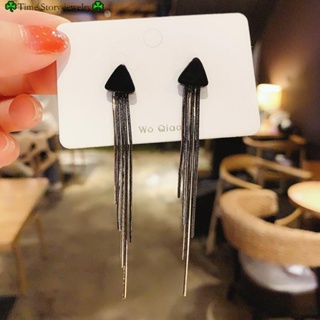 韓國高級氣質銀針酷黑色三角形流蘇耳環感設計長款耳飾