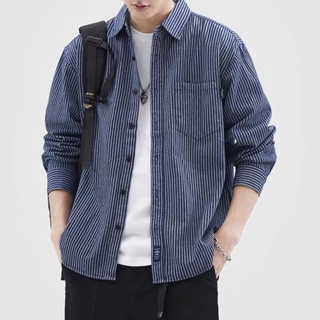 時尚潮流韓國男士休閒襯衫印花條紋中性大碼長袖襯衫