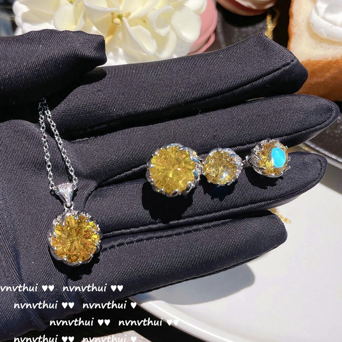 時尚黃鑽蓮花首飾套裝璀璨黃水晶吊墜綠鑽耳環彩寶戒指