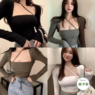 【桃子家女裝】合身低胸女生短版長袖上衣 低方領顯胸緊身上衣內搭T恤打底衫 韓版素色薄款打底T恤 女生長袖T恤 辣妹上衣
