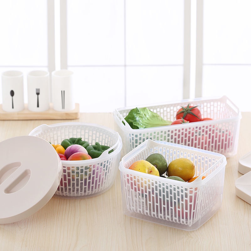 知泊商城 冰箱瀝水保鮮盒帶蓋塑膠食物箱廚房長方形水果密封收納盒蔬菜籃