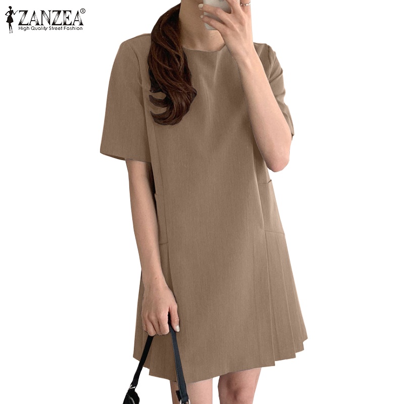 Zanzea 女式韓版日常休閒側袋純色 O 領連衣裙