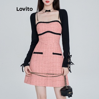 Lovito 女款休閒素色拼色洋裝 L70AD097 (粉紅色)