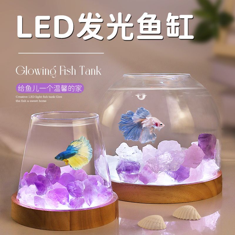 LED小魚缸發光玻璃鬥魚缸小型家用客廳桌面生態缸水晶石造景觀賞圓形