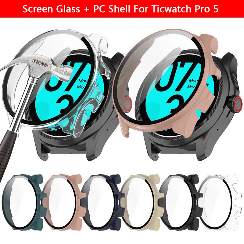 殼膜一體 適用於Mobvoi TicWatch Pro 5智慧手錶外殼 PC+鋼化玻璃膜 精孔全包超輕純色硬殼防摔保護套