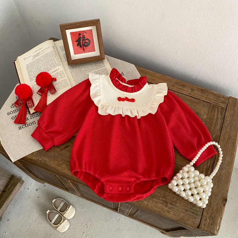 新年紅色嬰兒華夫格彩色連體衣