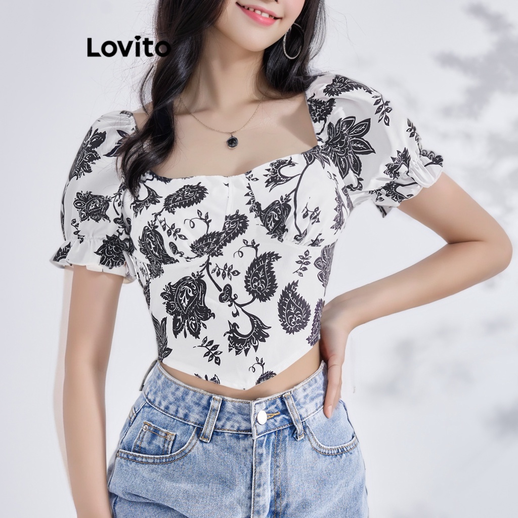 Lovito 女式休閒碎花方領泡泡袖襯衫 LBE03099 (黑白色)