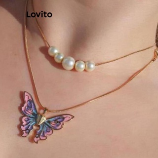 Lovito 休閒紮染蝴蝶珍珠雙層芭比奇幻女項鍊 LCS05152