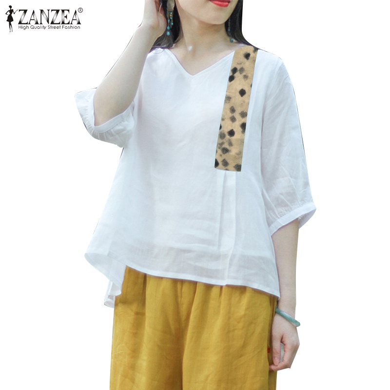 Zanzea 女式韓版日常半袖 V 領碎花拼接寬鬆上衣