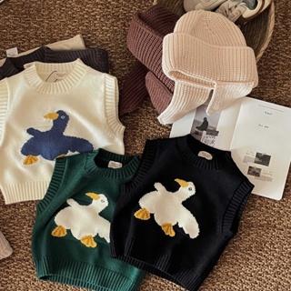 秋季無袖針織背心嬰兒女孩上衣可愛小鴨印花嬰兒衣服 0-3 歲