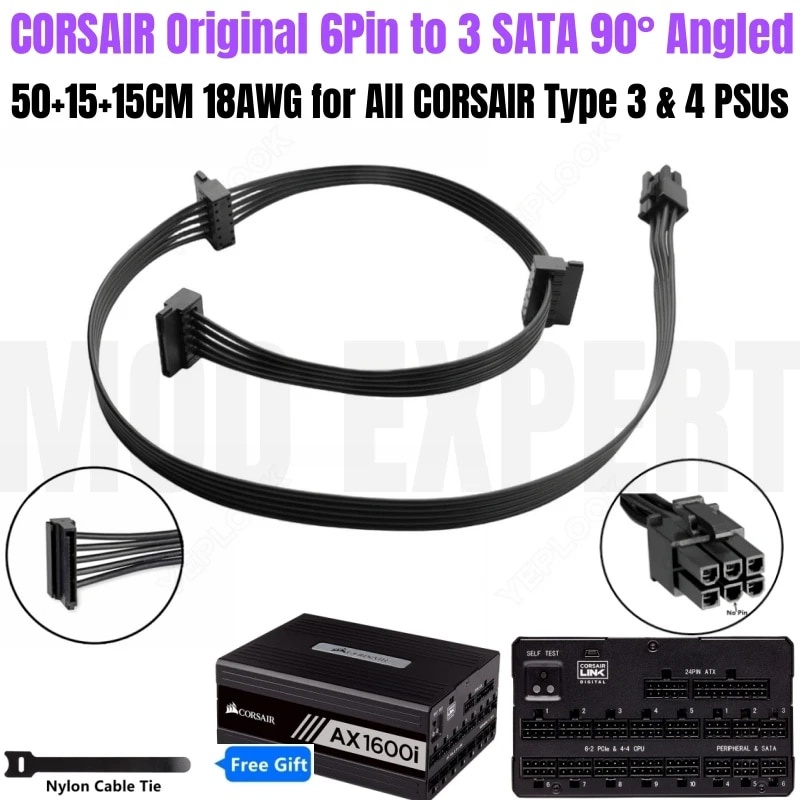 Corsair AX1600i 鈦 6Pin 轉 3x SATA 直角轉接卡硬盤 SSD HDD 模塊化電源線 18AW