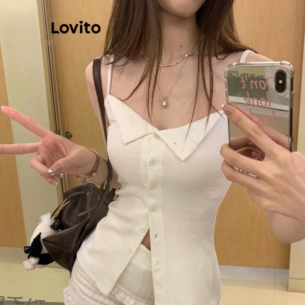Lovito 女款優雅素色羈扣細肩帶上衣 LNE38253 (白色/黑色)