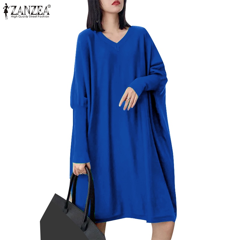Zanzea 女式複古韓版街頭時尚V領長款蝙蝠袖寬鬆純色連衣裙