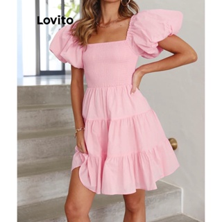 Lovito 女款休閒素色縮褶層疊荷葉邊下擺洋裝 LNE31200 (粉紅色)