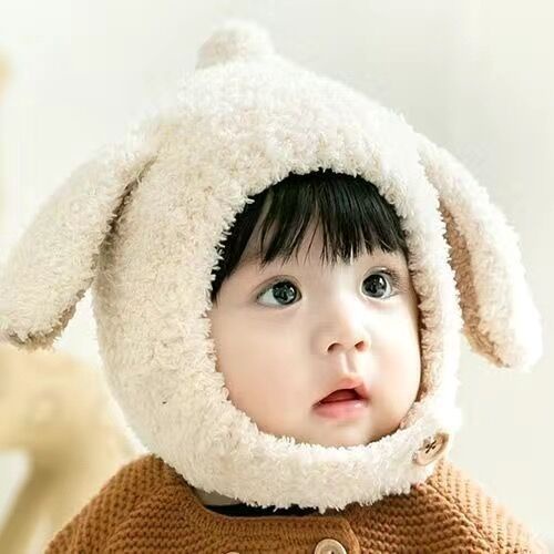 MIGUA嬰兒帽子秋冬韓版嬰幼兒兔子耳朵毛絨絨保暖護耳帽寶寶帽子秋冬BAOBEI