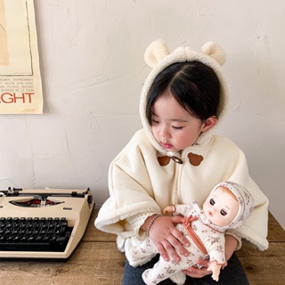 AKUI⚡ins韓國新品嬰兒寶寶披風斗篷外出防風擋風外套 冬季兒童可愛熊耳朵刷毛連帽披肩保暖外套
