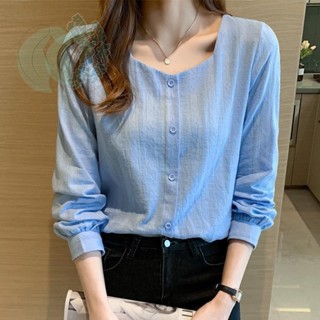 法式方領襯衫女氣質棉麻小衫遮肚子上衣韓版襯衫大尺碼襯衫女女襯衫長袖棉麻襯衫女白色襯衫藍色襯衫女