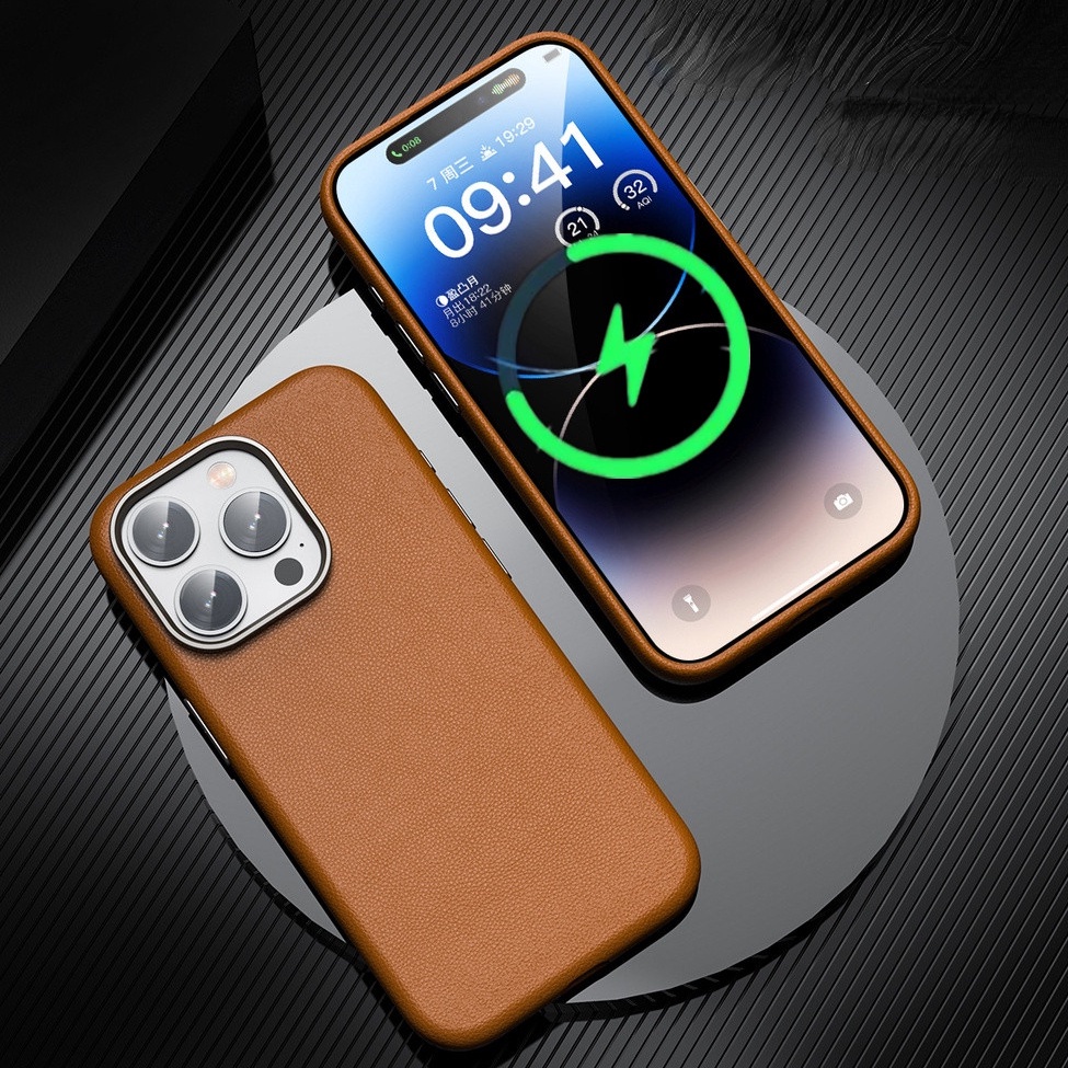 適用於 iPhone 15 Pro Max 15Pro 無線充電電鍍按鈕的磁性真皮皮套超薄高端後蓋