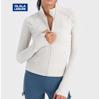 OLALA 新品拉鍊短版夾克高彈緊身排汗導溼直條羅紋2.0瑜伽外套運動跑步