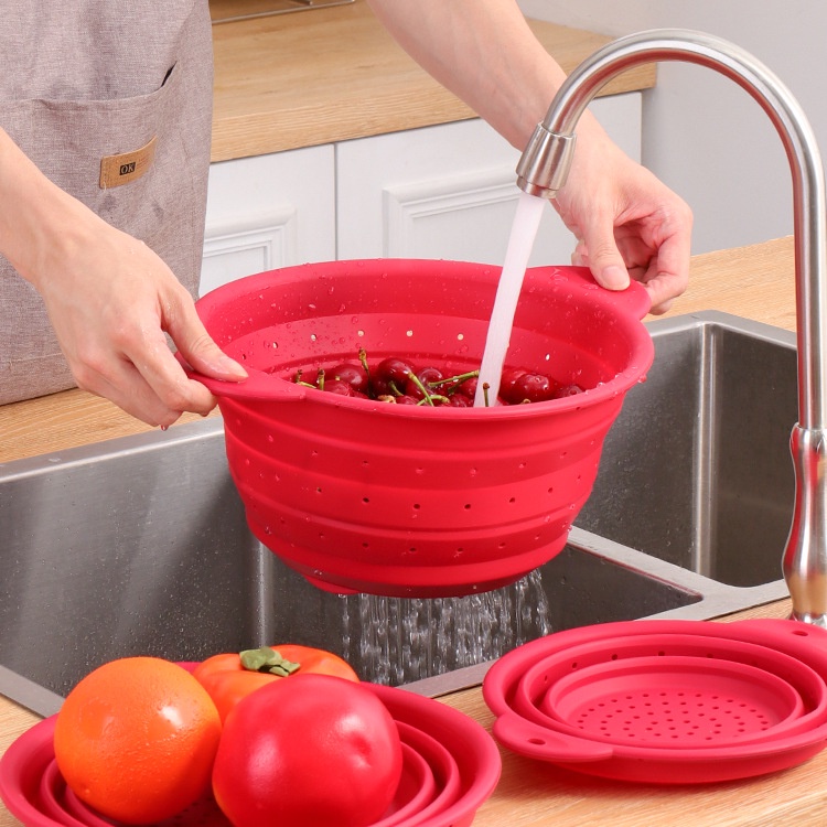 新款矽膠圓形伸縮瀝水籃廚房摺疊洗菜籃果蔬籃矽膠瀝水籃耐高溫