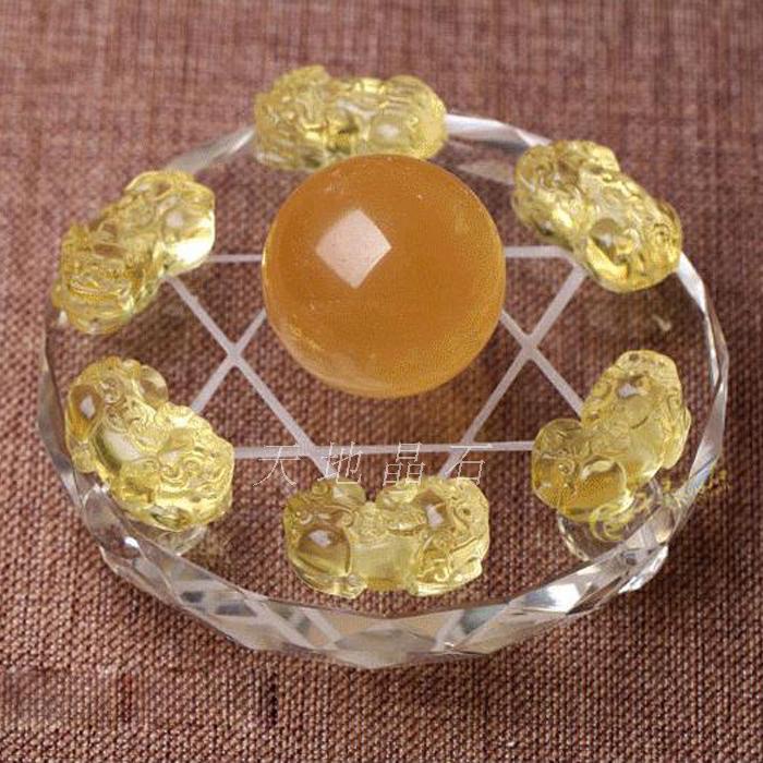 天然黃水晶貔貅七星陣 黃水晶球擺件 黃水晶皮丘擺件七星陣