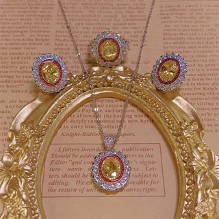 BlingBling 宮廷風中古黃鑽鴿子蛋彩寶套裝耳環戒指項鍊高碳鑽復古名媛宴會款