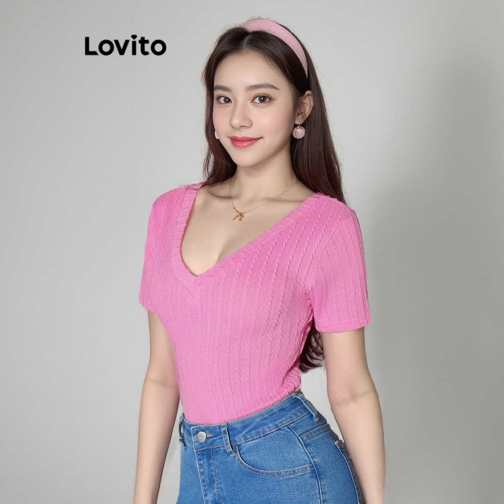 Lovito 女款休閒素色紋理T恤 LBA05004 (粉紅色)