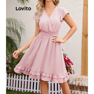 Lovito 女款休閒素色荷葉邊下擺縮褶連身裙 LNL39047 (淺綠色/粉色)