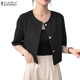Zanzea 女式韓版前袋半袖圓領鈕扣前襟西裝外套