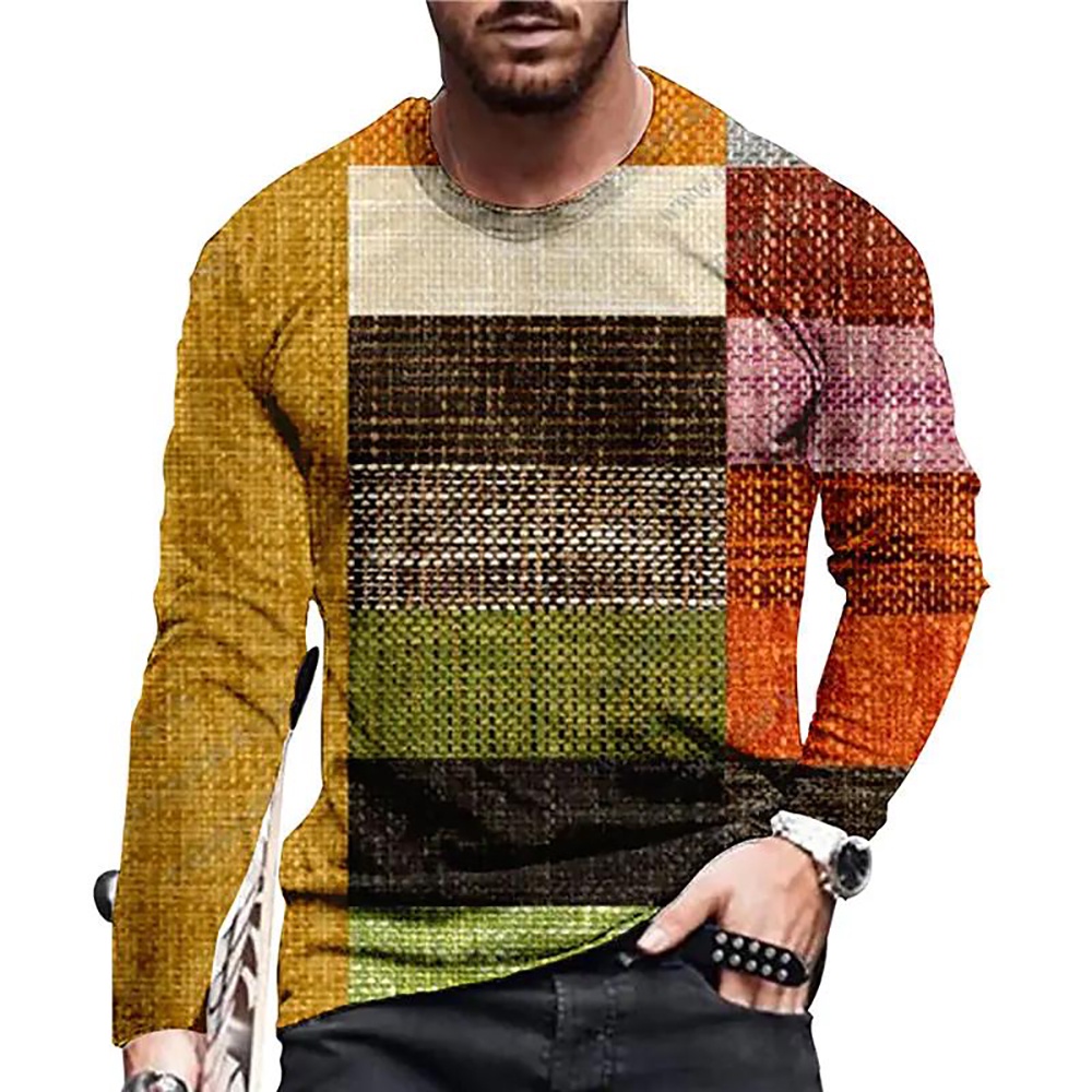 男士 3D 拼色印花長袖 T 恤,適合日常辦公室,2023 年秋季