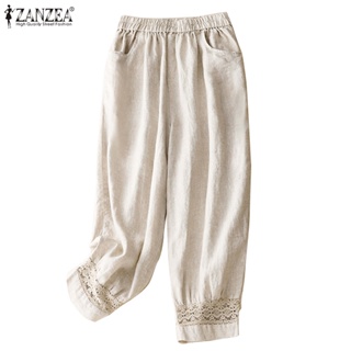 Zanzea 女式韓版休閒寬鬆棉質帶口袋拼接蕾絲褲