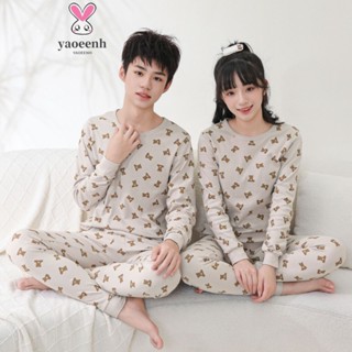 【yaoeenh】140-180cm 秋冬青少年純棉內衣套裝 中大男女童卡通秋衣衛生褲家居服 現貨快速出貨