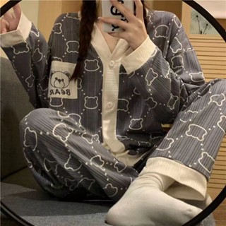 M-2XL 大尺碼睡衣女春秋季薄款長袖長褲ins甜美學生宿捨可外穿韓版家居服套裝