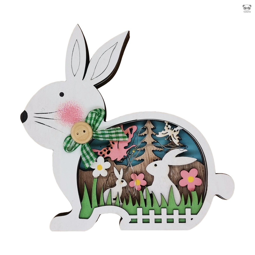 白色 復活節木質彩色兔子帶燈裝飾擺件（含AG10鈕扣電池*3）