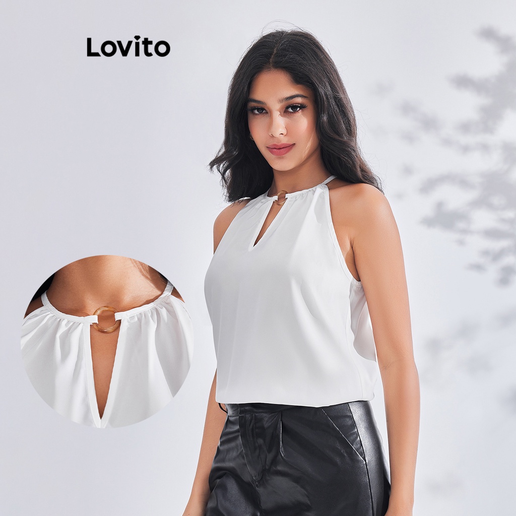 Lovito 女式優雅素色環形鏤空抽繩背心 LBE03133 (白色)