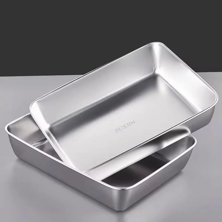 304不鏽鋼帶蓋涼菜方盤滷菜盤鴨脖盤平底加厚蒸盤多用盤不沾烤盤