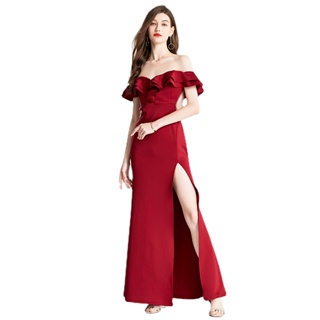 女士洋裝 紅色禮服 2024一字領荷葉邊抹胸洋裝名媛宴會氣質包臀禮服裙禮服晚宴裝