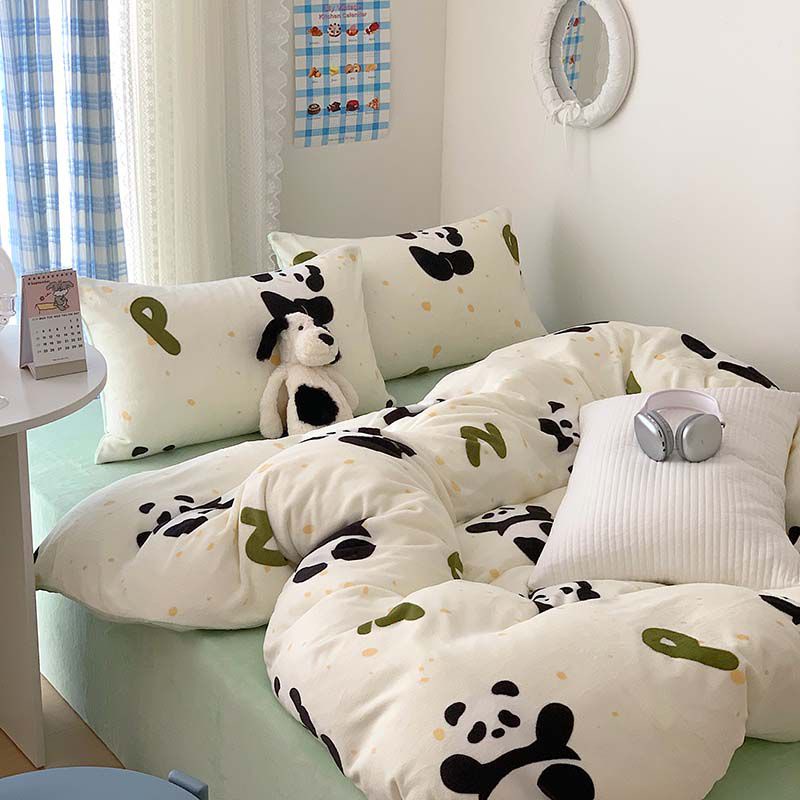 字母熊貓印花秋冬新款保暖牛奶絨床包組 加厚法蘭絨床組 單人床組 雙人 加大床包四件組 被單