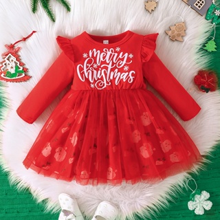9 個月 - 4 歲袖聖誕節女嬰連衣裙 新生兒時尚洋裝 長袖網紗蕾絲邊嬰兒幼童公主禮服 現貨冬季女寶寶連身裙