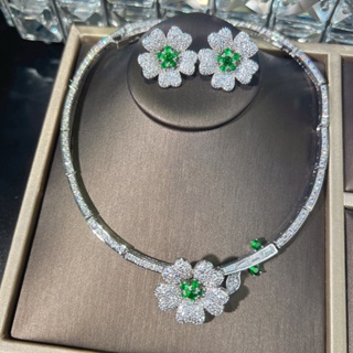 Bling 輕奢微鑲項鍊耳環戒指女綠鋯石花朵項圈套裝氣質新娘婚紗宴會首飾
