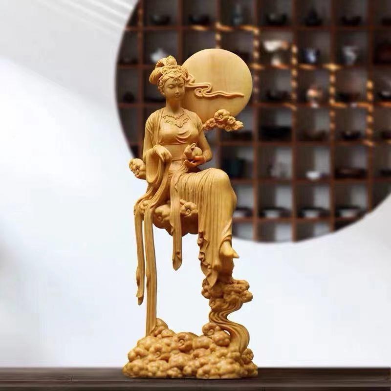 新品熱銷 黃楊木雕刻嫦娥美女漂亮桌面擺件崖柏木雕家居裝飾品工藝女神玩偶